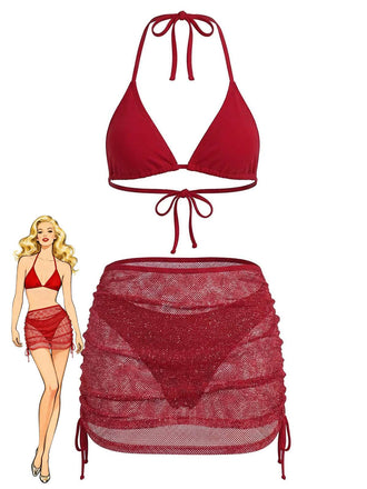 Rot 1940er Uni Halter Bikini Set & Häkel Cover-Up