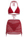 Rot 1940er Uni Halter Bikini Set & Häkel Cover-Up