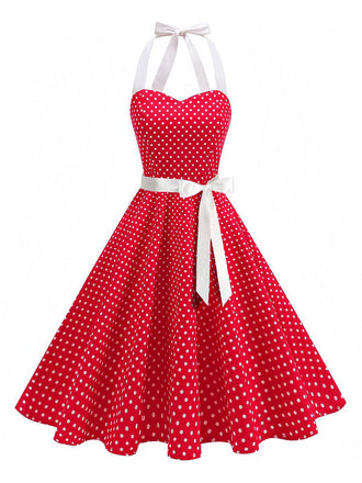 Rot 1950er Polka Dot Halter Gürtel Swing Kleid