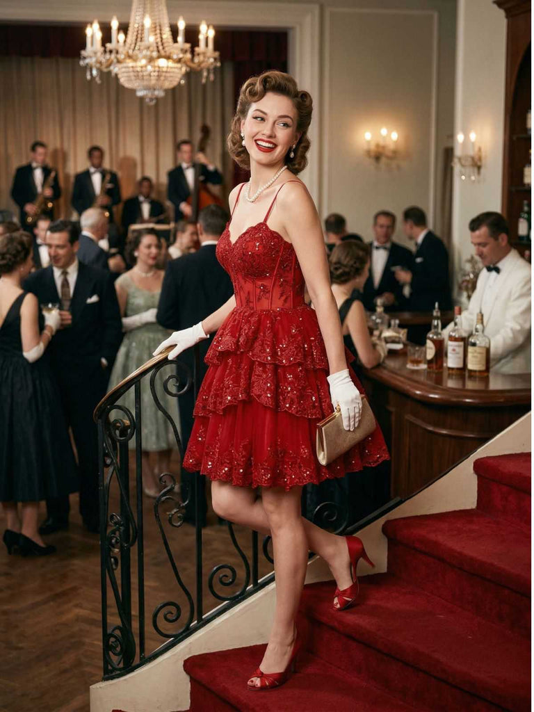 Ein Model trägt das rote, gestufte Tüllkleid in einem formellen Ballsaal und demonstriert die Passform und den Stil für den Anlass.