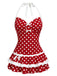 Rotes, gepunktetes Neckholder-Badekleid mit Schleife aus den 1940er Jahren, Vorderansicht