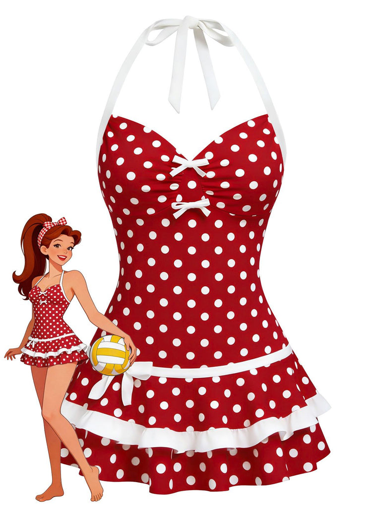 Rotes, gepunktetes Neckholder-Badekleid im Stil der 1940er Jahre mit Schleife – Modellansicht