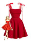 Rot 1950er Netz Bogen Träger Gerafft Kleid