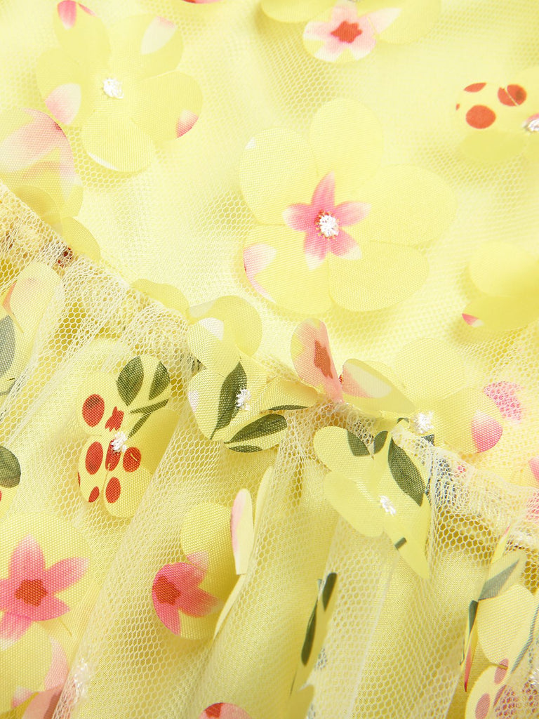 Gelb 3D Blumen Puffärmel Schwungkleid