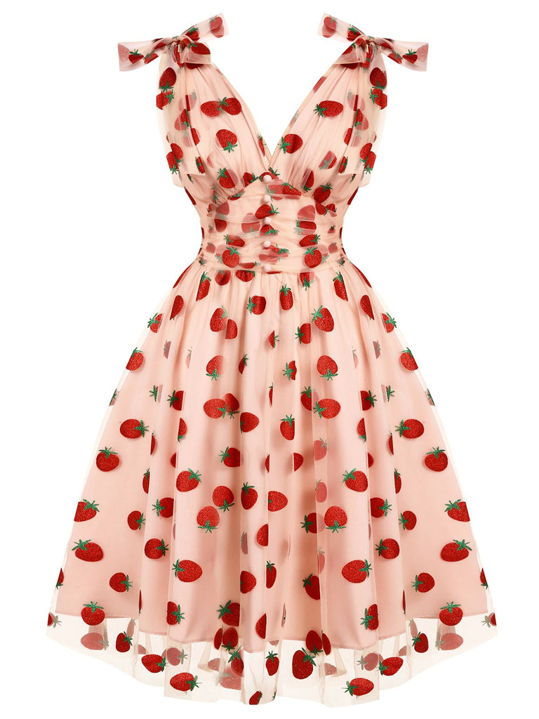 Rosa 1950er Erdbeer Netz Swing Kleid