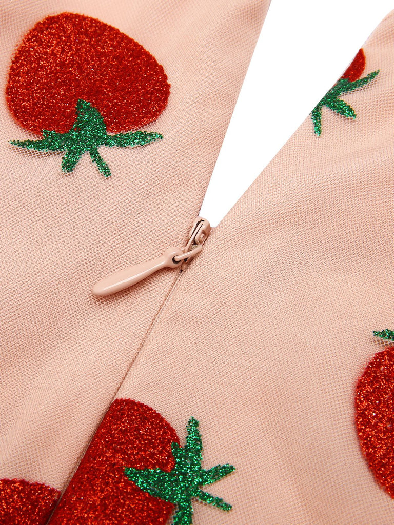 [Vorverkauf] Rosa 1950er Erdbeer Netz Swing Kleid