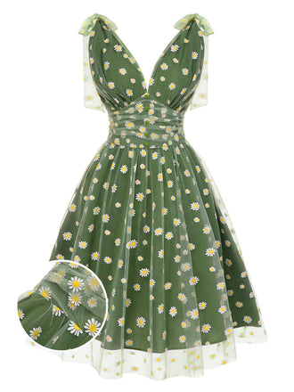 Grün 1950er Erdbeer Netz Swing Kleid