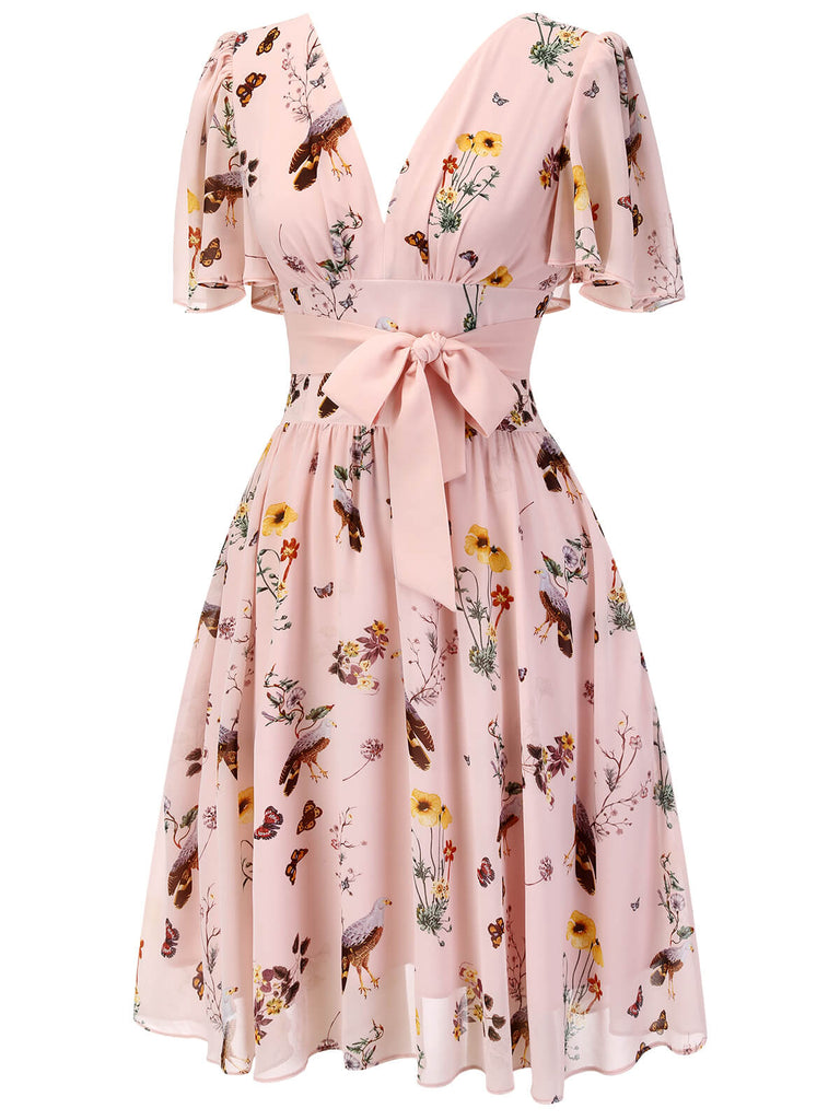 Rosa Blumen Vögel Bowknot Kleid