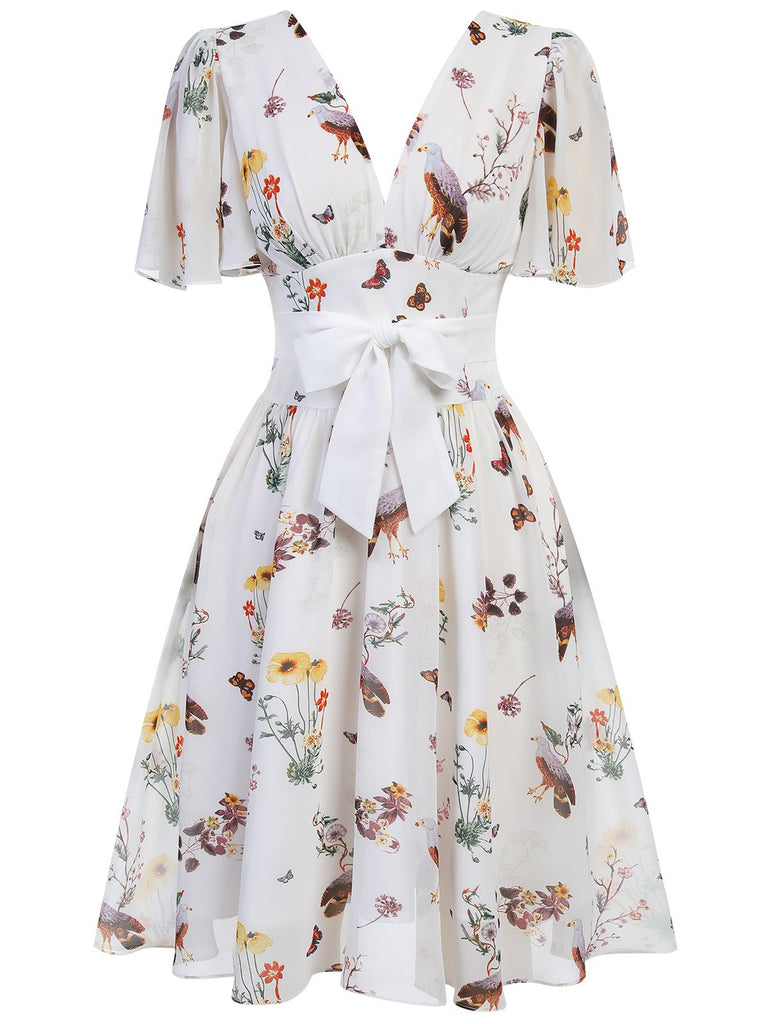 [Vorverkauf] Weiß 1950er Blumen Vögel Bowknot Kleid