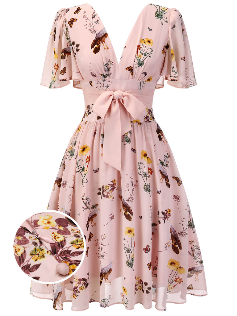 Rosa Blumen Vögel Bowknot Kleid