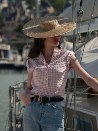 Rosa 1950er Revers Gingham Plaid Bluse