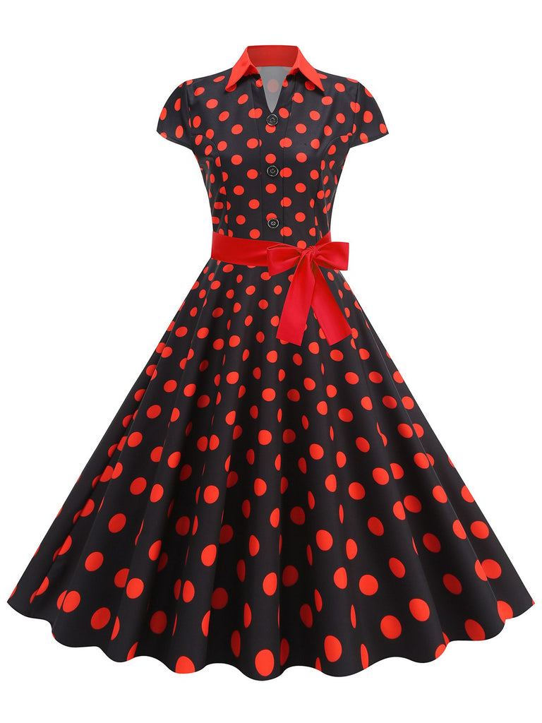 1950er Revers Polka Dots Bogen Swing Kleid