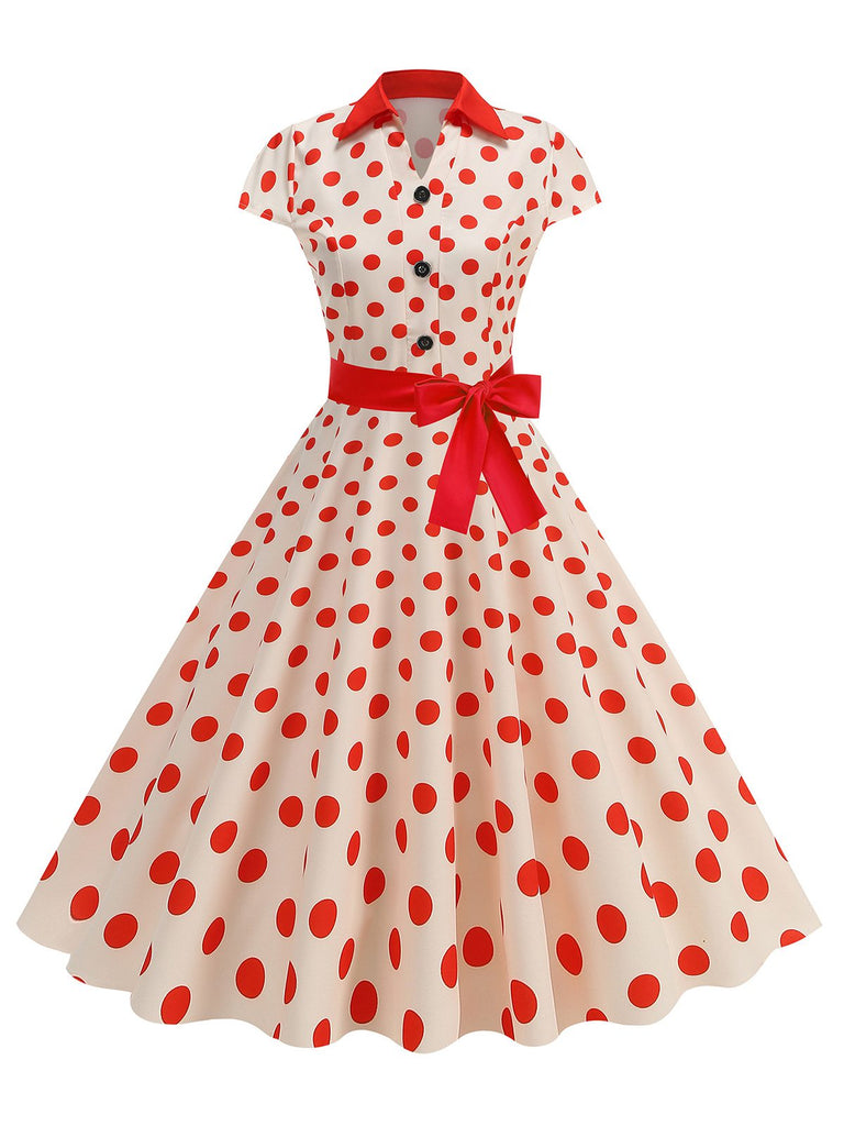 1950er Revers Polka Dots Bogen Swing Kleid