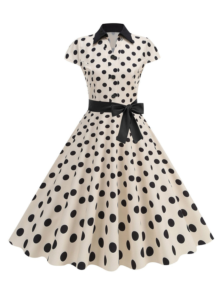 1950er Revers Polka Dots Bogen Swing Kleid