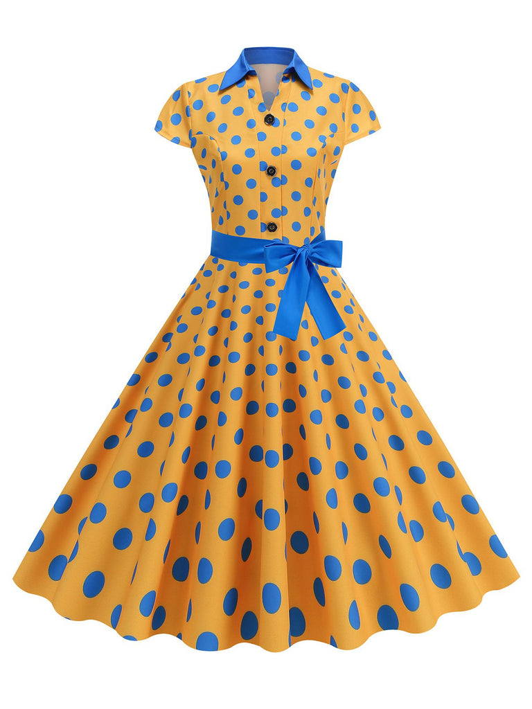 1950er Revers Polka Dots Bogen Swing Kleid