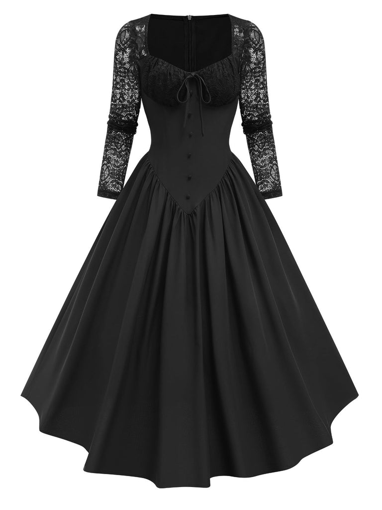 Schwarz 1950er Spitze Patchwork Swing Kleid