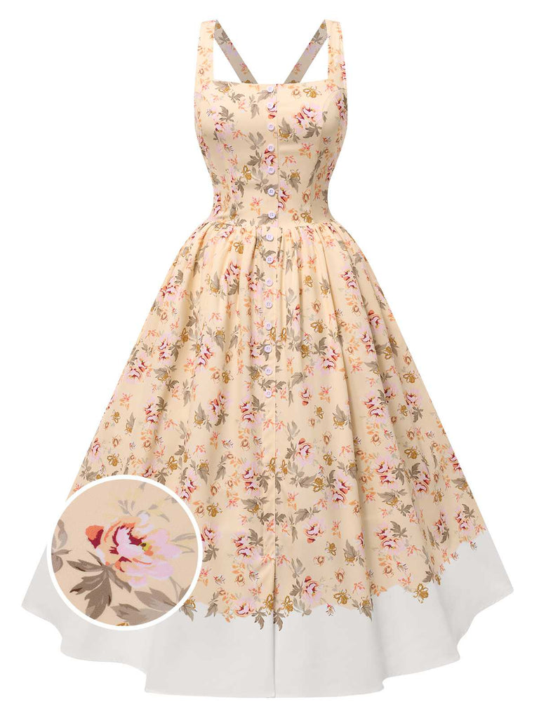 1950er Träger Quadratischer Hals Korsett Blumen Kleid