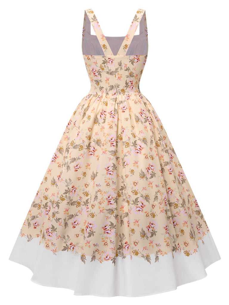 1950er Träger Quadratischer Hals Korsett Blumen Kleid