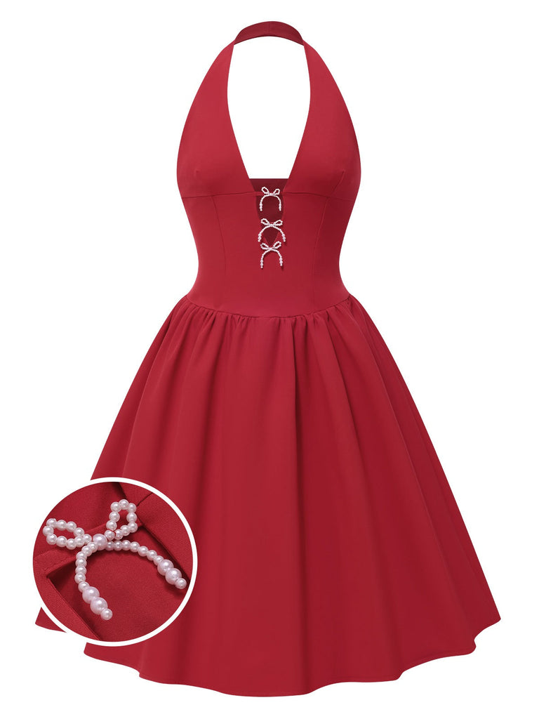 1950er Solide Perle Bogen Halter Kleid