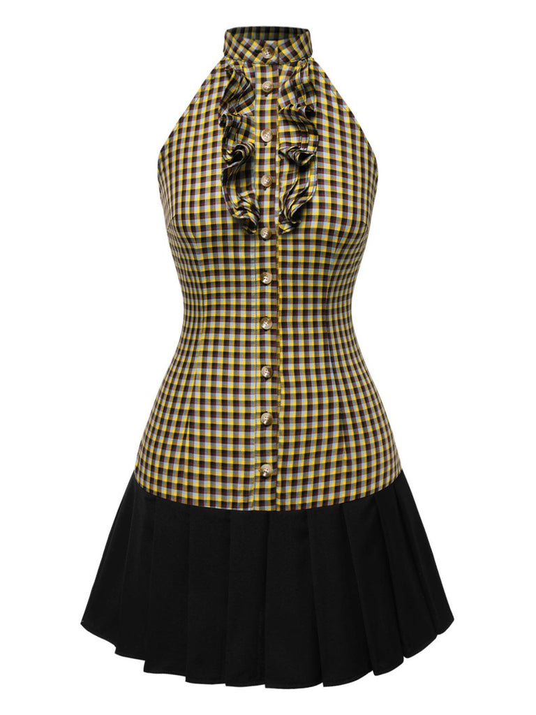 [Vorverkauf] 1960er Jabot Collar Madras Plaid Plissiertes Kleid