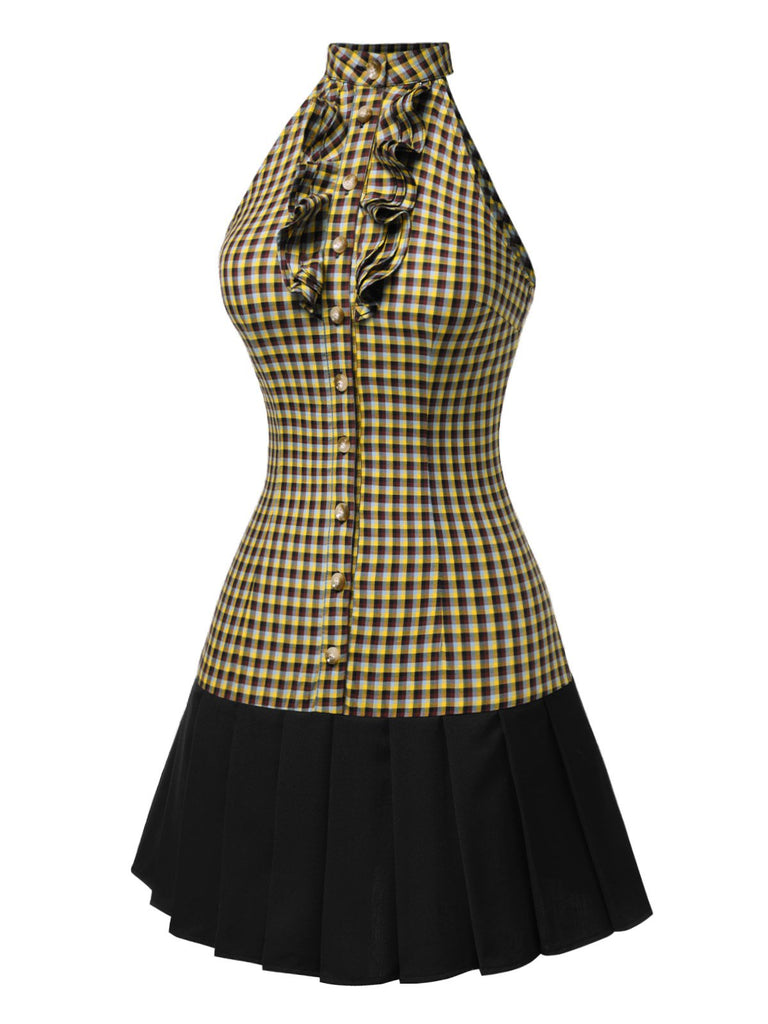 [Vorverkauf] 1960er Jabot Collar Madras Plaid Plissiertes Kleid