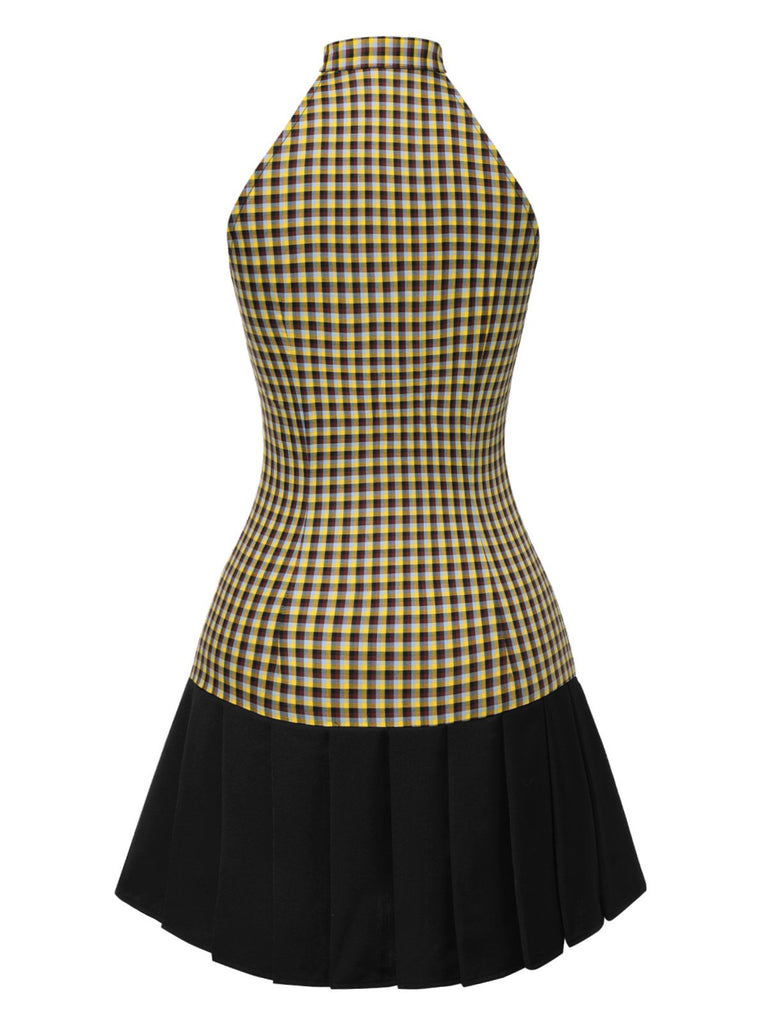 [Vorverkauf] 1960er Jabot Collar Madras Plaid Plissiertes Kleid