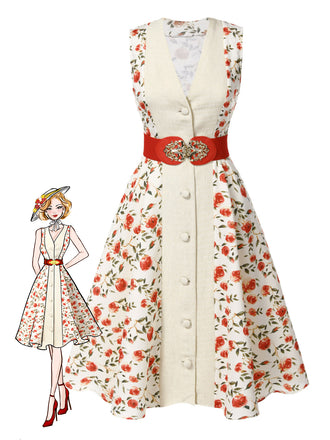 Beige & Rot 1950er Malerei Roses Gürtel Kleid