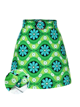 Grün 1960er Vintage Blumen Gürtel Mini Rock