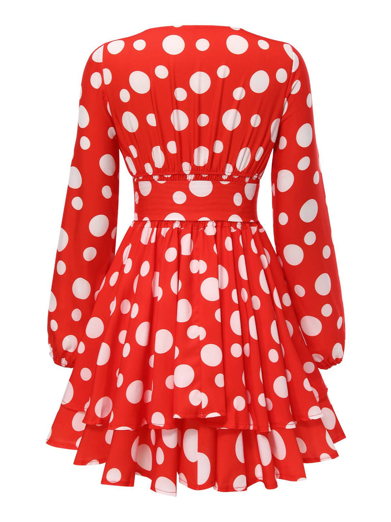 Rot 1950er Polka Dot V-Ausschnitt Gesmokt Kleid