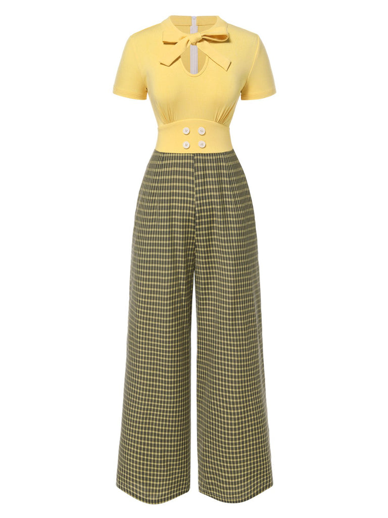 Gelb 1930er Plaid Schlüsselloch-Ausschnitt Jumpsuit