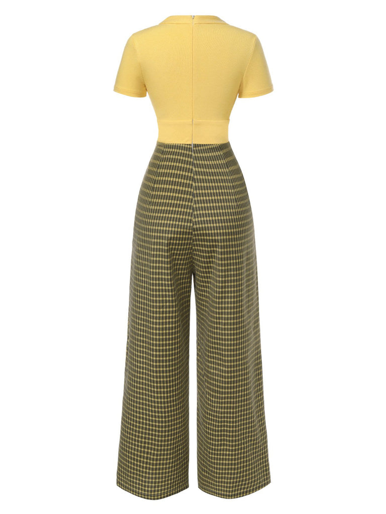 Gelb 1930er Plaid Schlüsselloch-Ausschnitt Jumpsuit