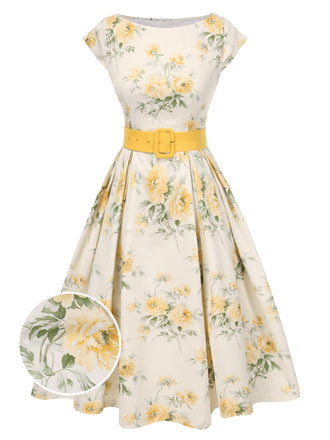 Gelb 1950er Bootskragen Antiquität Blumen Kleid