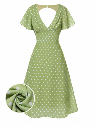 Grün 1940er Rücken-Hohl Polka Dots Kleid