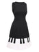 Schwarz 1960er Boot Ausschnitt Klaviertaste Patchwork Kleid