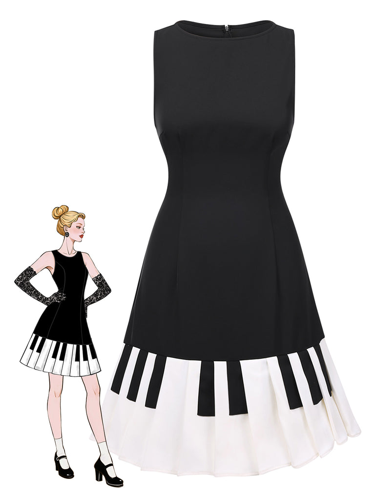 Schwarz 1960er Boot Ausschnitt Klaviertaste Patchwork Kleid