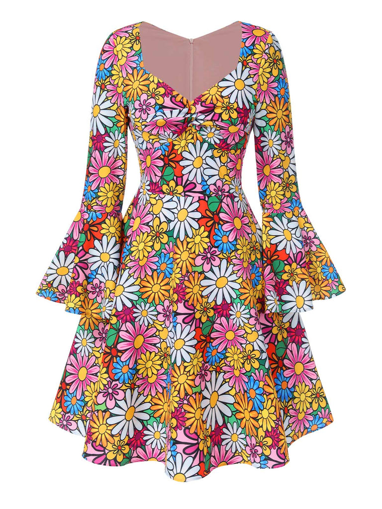 1960er Ausgestellte Ärmel Bunt Kleine Blumen Kleid
