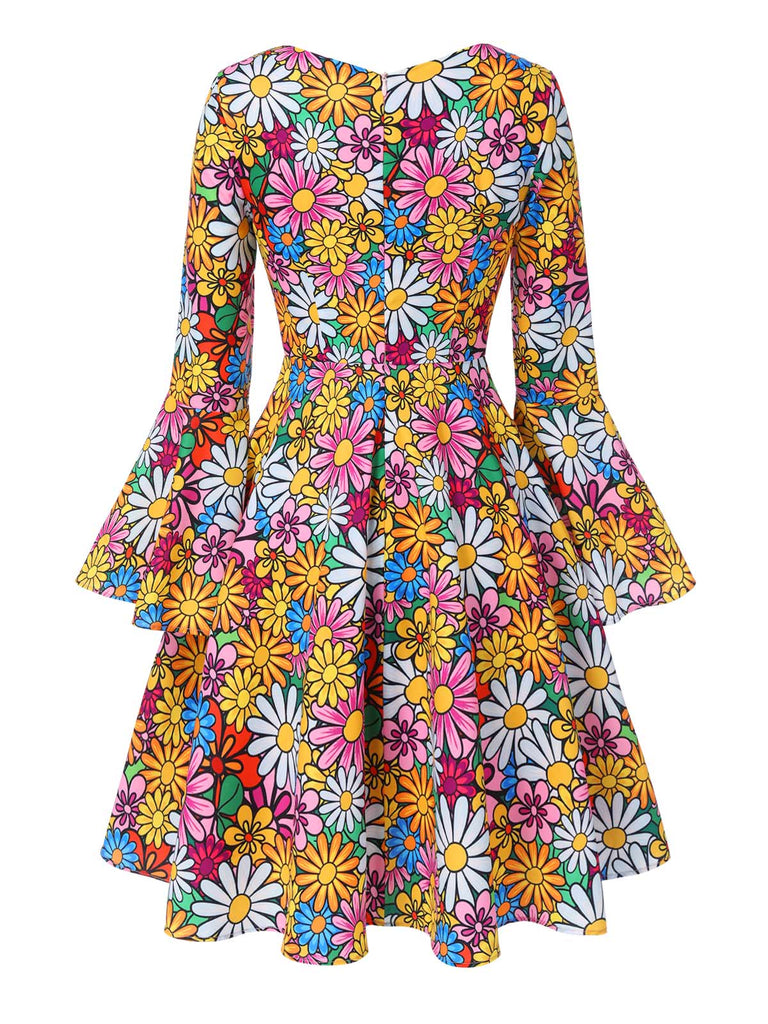 1960er Ausgestellte Ärmel Bunt Kleine Blumen Kleid