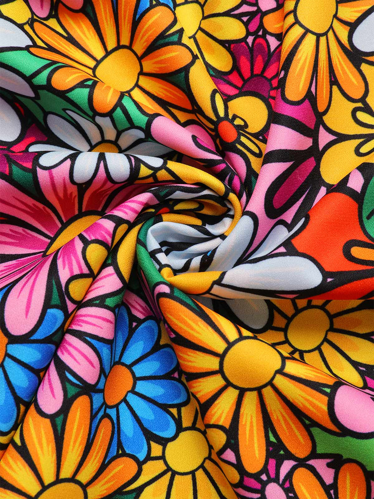 1960er Ausgestellte Ärmel Bunt Kleine Blumen Kleid