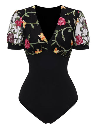 Schwarz 1970er V-Ausschnitt Bestickt Blumen Bodysuit