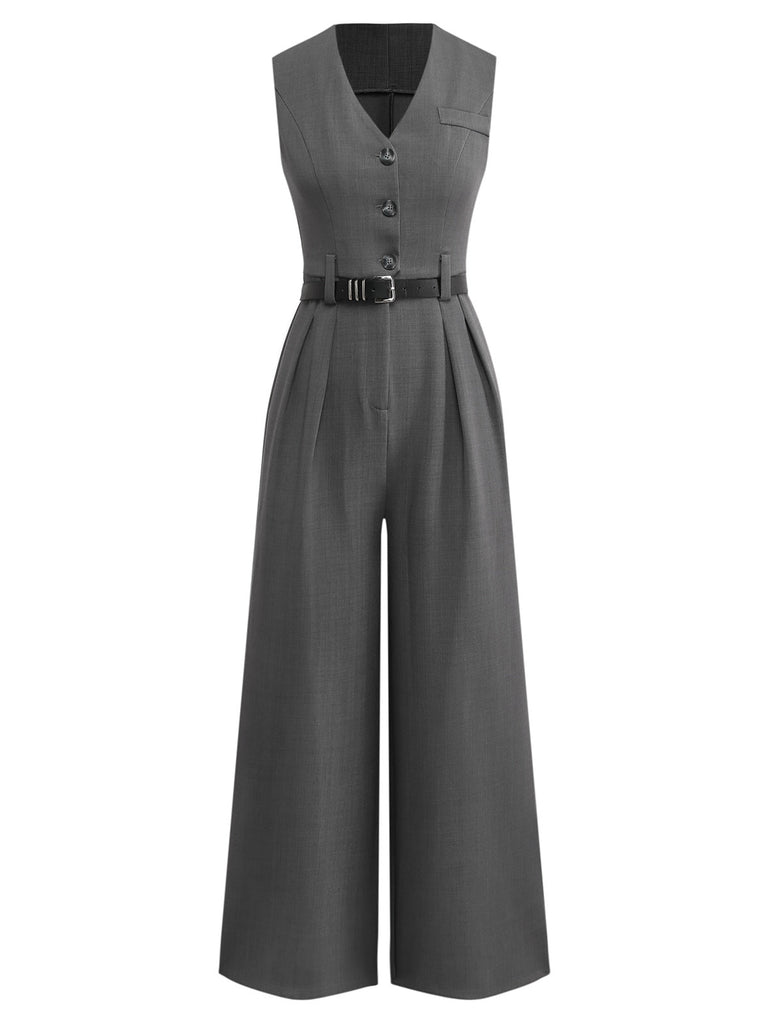 Grau 1930er Solide Ärmellos Büro Gürtel Jumpsuit