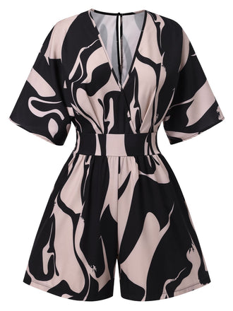 Mehrfarbig 1940er V-Ausschnitt Gedruckt Fledermausflügel Romper