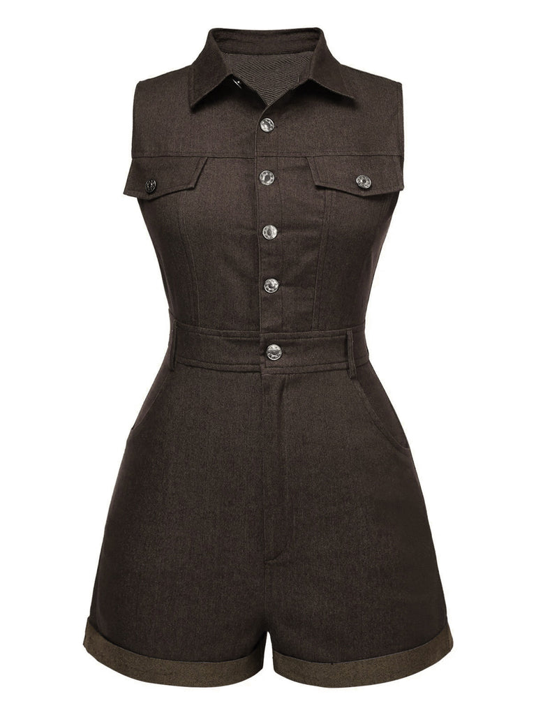 Braun 1970er Solide Baumwolle Ärmellos Denim Romper