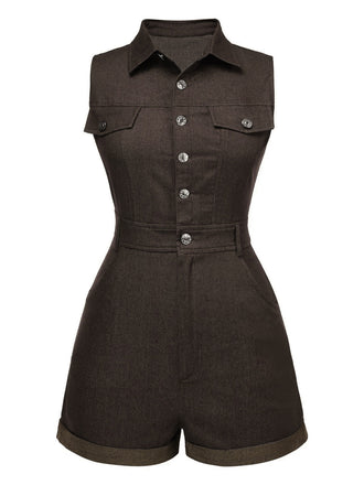 Braun 1970er Solide Baumwolle Ärmellos Denim Romper