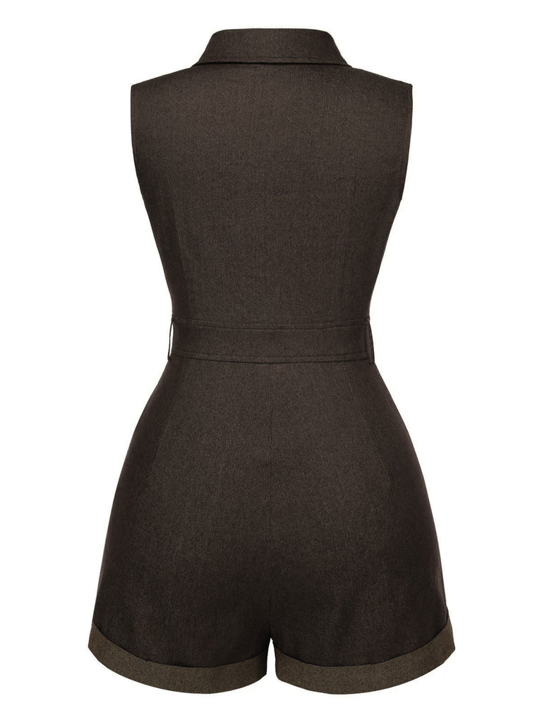 Braun 1970er Solide Baumwolle Ärmellos Denim Romper