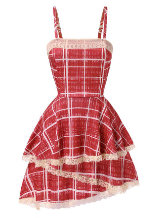 Rot 1960er Unregelmäßiger Lagensaum Plaid Träger Kleid