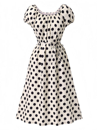 Beige 1940er Polka Dot Puffärmel Kleid