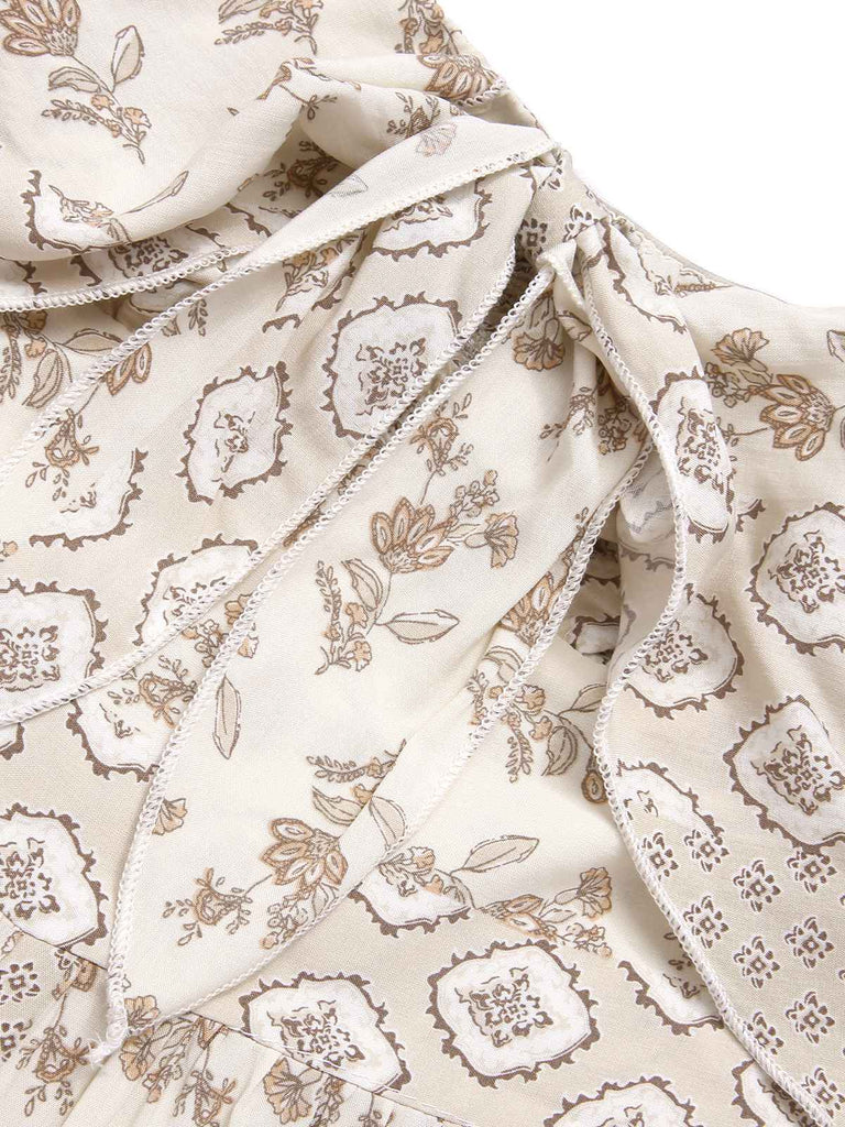 Beige 1970er Bandeau Bogen Blumen Bohemian Jumpsuit