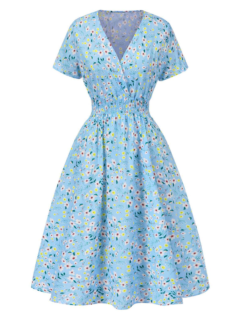 Himmelblau 1950er Blumen V-Ausschnitt Gesmokt Kleid
