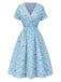 Himmelblau 1950er Blumen V-Ausschnitt Gesmokt Kleid