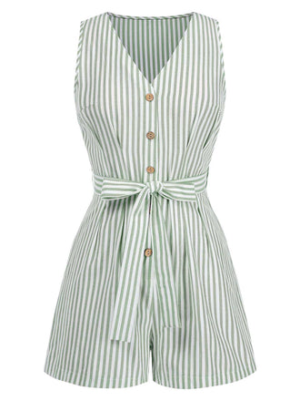 1950er V-Ausschnitt Streifen Ärmellos Gürtel Romper